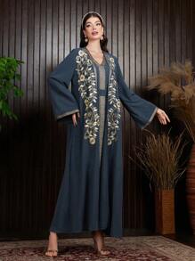 Al Najma Women's Positioning Embroidery Jacket And Weave Trim Splicing Dress 2pcs/Set, Elegant Moroccan Kaftan, Muslim Fashion Abaya For Casual/Festival/Gathering/Travel