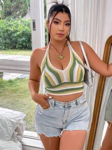 Flirla Plus Size Women's Hollow Out Halter Knitted Top