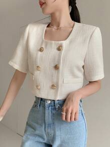 DAZY 女式双排扣泡泡袖衬衫、短款上衣 - 米色 - 查看 5