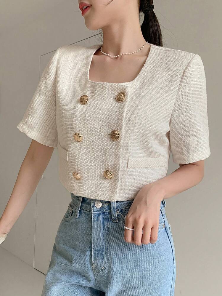 Women's Double Breasted Puff Sleeve Shirt,Crop Tops Women