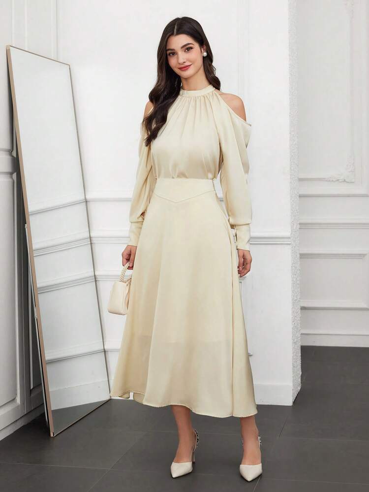 Women's Open Shoulder Long Sleeve Shirt And Skirt Set With Stand Collar 2 Piece Set