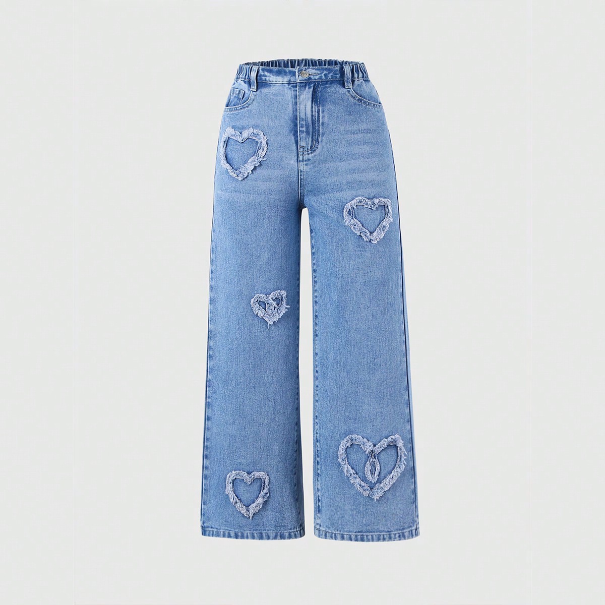 Jeans sueltos de pierna ancha para niña preadolescente con aplicaciones de bordado de corazón de amor dulce y de moda