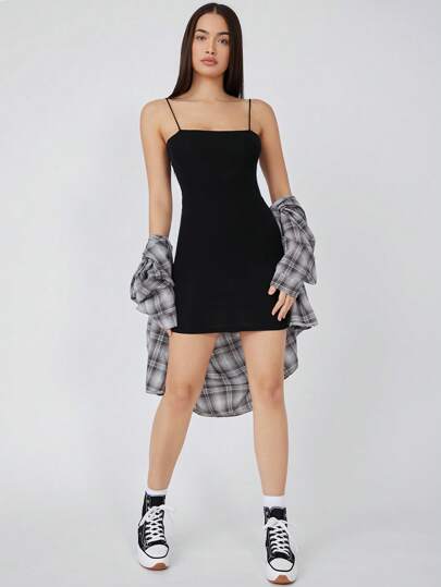 SHEIN BASICS 纯色紧身休闲晚宴约会连衣裙