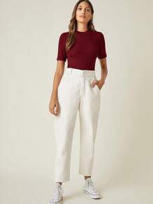 SHEIN BASICS Mock Neck Solid Rib-knit Tee - Red - View 5