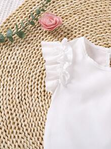 SHEIN 年輕女孩的白色休閒蕾絲修飾上衣,有蕾絲細節和褶皺紋路,夏季新品 - 白色 - 查看 3