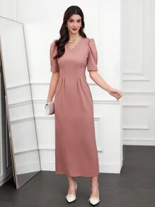 Modelyn V-Neck Puff Sleeve Dress - Dusty Pink - View 4