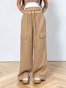 SHEIN EZwear Women's Plain Wide-Leg Cargo Pants - Khaki - View 1