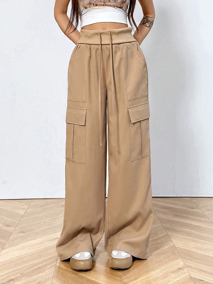 SHEIN EZwear Women's Plain Wide-Leg Cargo Pants - Khaki - View 1