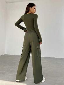 SHEIN EZwear Long Sleeve Crop Top & Cargo Pants Set - Army Green - View 2