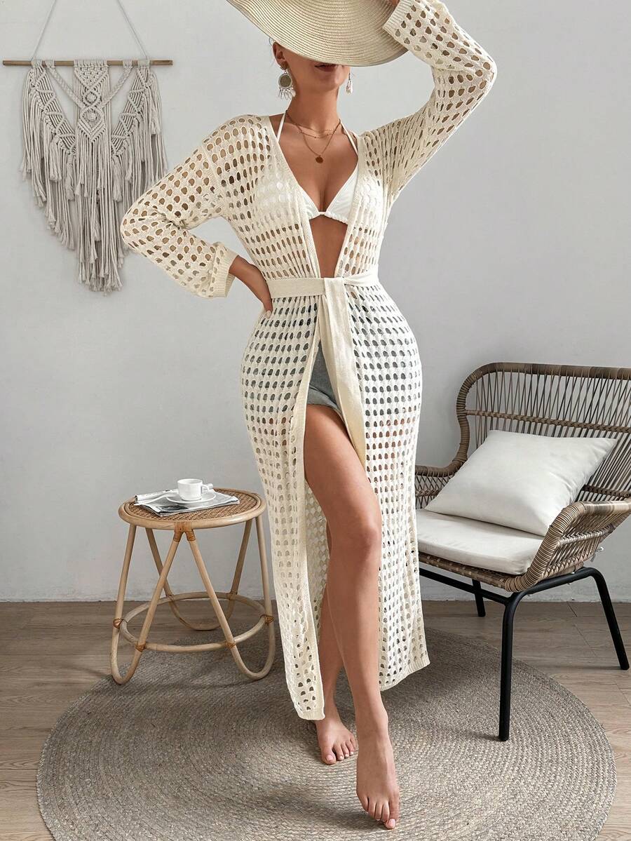 SHEIN VCAY Của phụ nữ Xu hướng: Cắt giảm Thả vai Tay áo dài Áo len Mở - Màu be - Xem 1