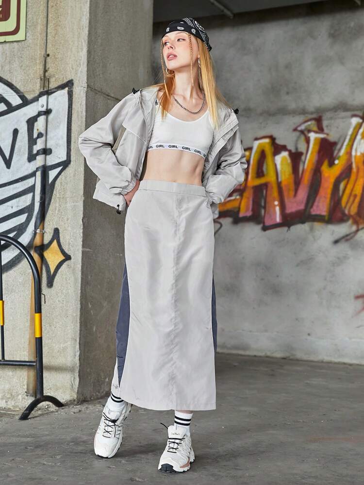 Color Block Hooded Drawstring Top And Skirt Sports Suit Women Tracksuit