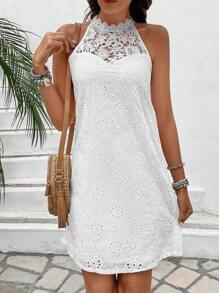 Breezaya Solid Color Hollow Out Embroidery Patchwork Halter Neck Dress Vacation Beach Outfits Women - White - View 5