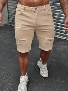 Manfinity LEGND 男士紧身破洞牛仔短裤纯色牛仔短裤卡其色派对牛仔短裤，适合送给老公、男朋友的礼物 - 杏色 - 查看 1