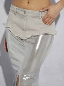 Hauture Women's Mixed Material Skirt With Frayed Detailing, Slit Hem And Split Design - Grey - View 6