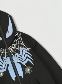 ROMWE MEN Goth Men's Cartoon Spider Web Printed Zip Front Hoodie