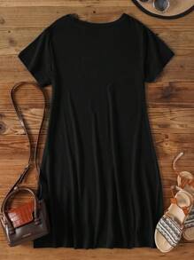 SHEIN LUNE Casual Short Sleeve V-Neck Dress With Rhinestone Motif