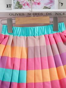 SHEIN 1條少女不對稱色塊圖案百褶短裙,夏季 - 彩色 - 查看 5