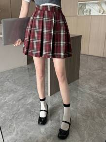 DAZY Plaid Short Pleated Skirt,Fall Clothes Christmas Winter Women Skirts - Red - View 5