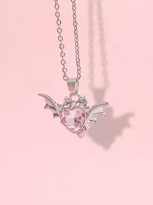 ROMWE Kawaii 1 chiếc vòng cổ mặt trái tim hình cánh quỷ hồng theo phong cách Gothic Châu Âu và Mỹ ngày lễ tình nhân - Bạc - Xem 2