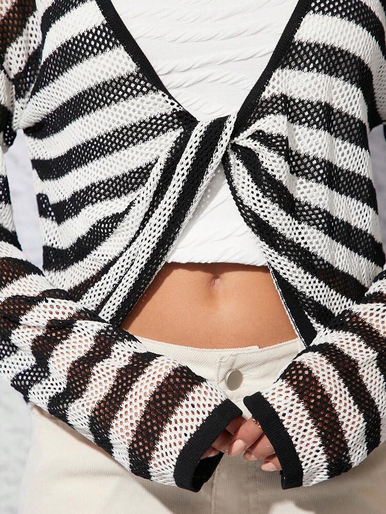 Color Block Stripe Casual Knitted Sweater With Front Button Knot Detail