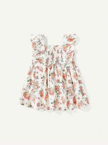 Cozy Pixies Baby Girl Floral Print Square Neckline Dress With Ruffle Trim And Waist Belt - Apricot - View 2