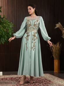 Modelyn Flower Embroidered Lantern Sleeve Net Patchwork Arab Dress Eid Dress - Green - View 4