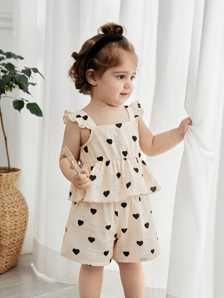 Baby Girl Heart Printed Square Neck Ruffle Trimmed Cropped Top And Casual Shorts Set Matching Set