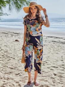 Sylviya Sommer Druck Rundhals Kurzarm Und Weite Beinhosen Frauen Zweiteiliger Satz Für Landschaft Und Strandurlaub - Verschiedenfarbig - Übersicht 2