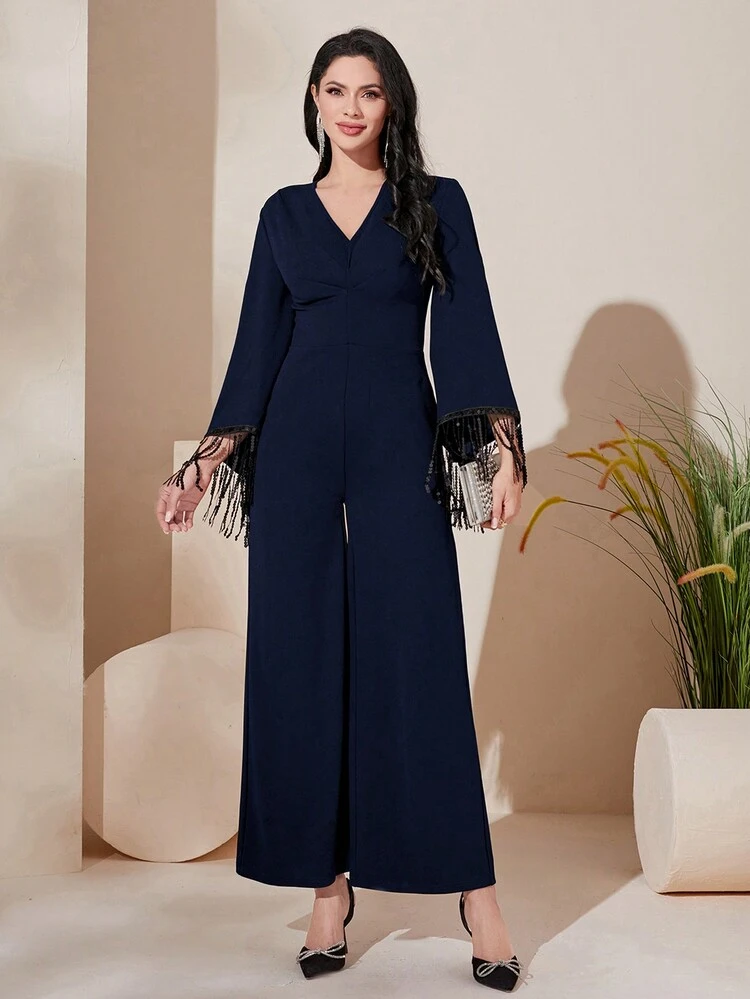 Ladies' Fringe Cuff Wide-Legged Jumpsuit