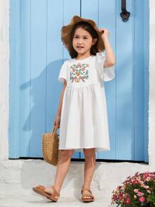 SHEIN Young Girl's Round Neck Embroidered Ruffle Sleeve Dress - White - View 5