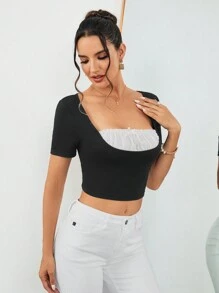 SHEIN Privé Damska elegancka koszulka do dojazdów do pracy, do pracy na co dzień, swobodna i uniwersalna 2 w 1, czarna, letnia, z krótkim rękawem