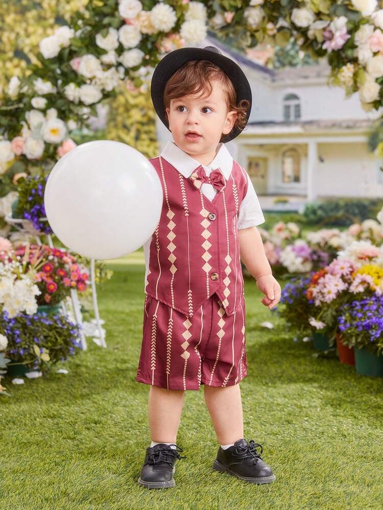 Baby Boy 2pcs/Set Spring Summer Outfit, Festive Deep Red Inspired Geometric Print, Cute Elegant Gentlemen Daily Casual Clothes