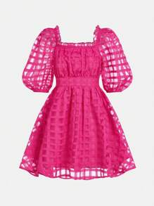 十多歲女孩的休閒格紋網格方領泡泡袖連衣裙 - 玫紅色 - 查看 8