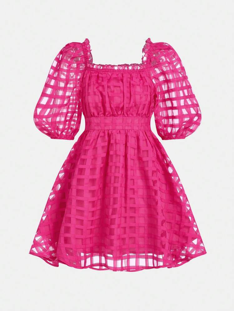 Teenage Girls' Casual Checked Mesh Square Neck Puff Sleeve Dress