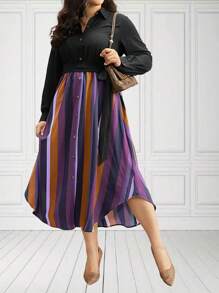 EMERY ROSE Plus Size Women's Striped Print Shirt Dress