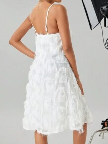 Chiquease Ladies' Solid Color Fringe Spaghetti Strap Dress - White - View 2