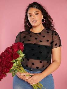 SHEIN CURVE+ Áo croptop cổ tròn xuyên thấu họa tiết trái tim cỡ lớn dành cho nữ - màu đen - Xem 6