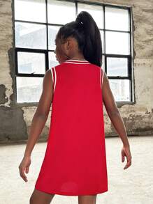 Tween女孩時尚街頭風夏季針織無袖字母印花v領坦克連衣裙 - 紅色 - 查看 3