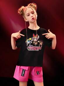 THE POWERPUFF GIRLS X SHEIN Tween Girl Cartoon & Letter Graphic Set