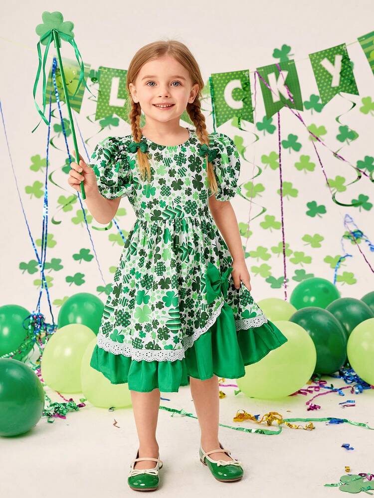 Girl'S Plant-Printed Puff-Sleeved Dress With Bow Decoration