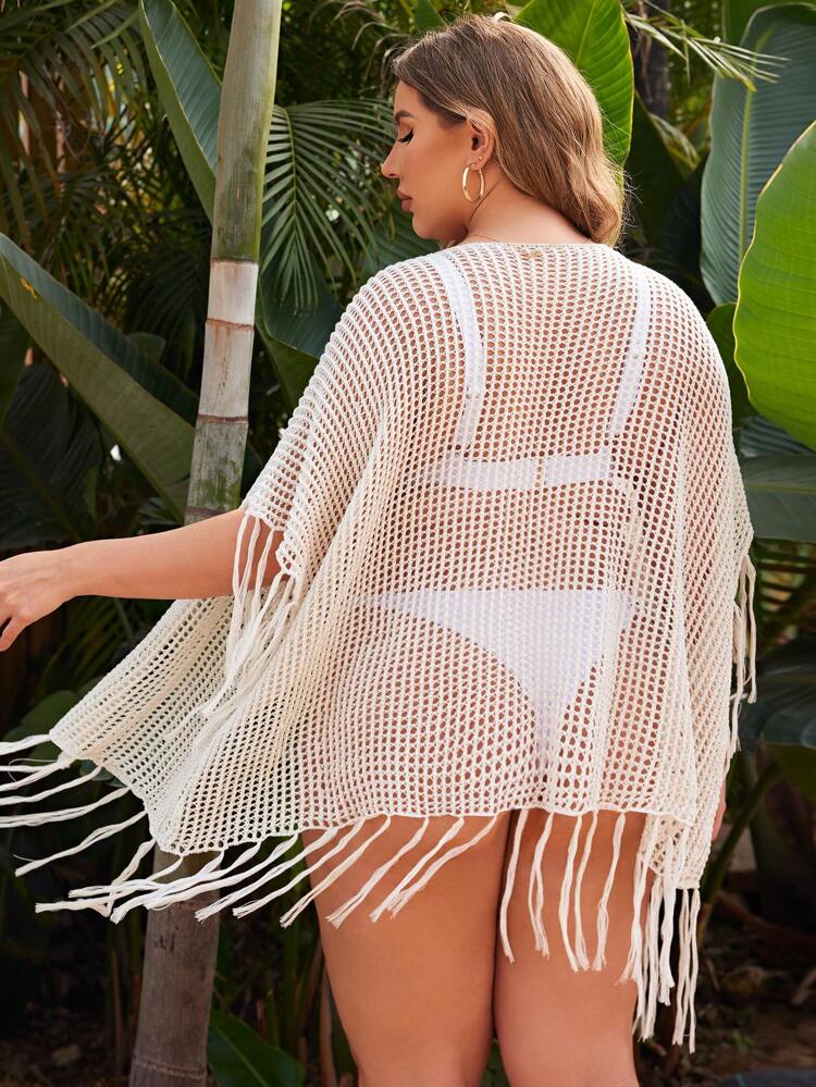 Plus Size Women's Patchwork Tassel Hollow Out Kimono, Beach Vacay Vibe Summer