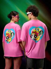 THE POWERPUFF GIRLS X SHEIN 中性款1件卡通圖形下垂肩t恤 - 粉色 - 查看 9