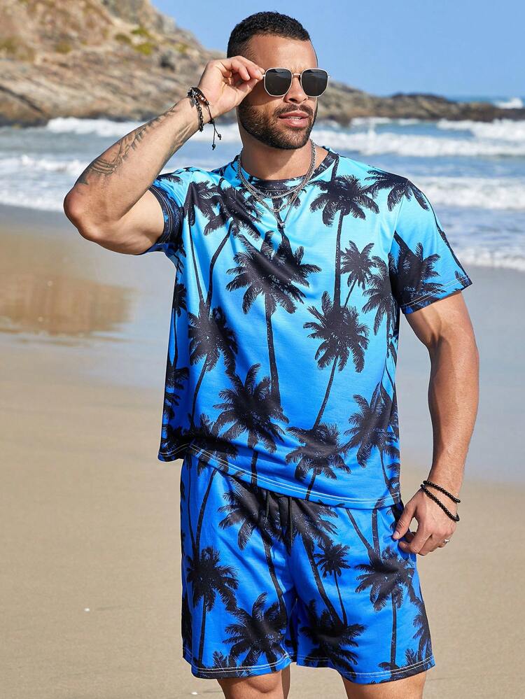 Men's Plus Size Coconut Tree Print Ombre T-Shirt And Shorts Set