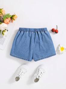 SHEIN Nuevos shorts de mezclilla para niña joven con lazos lindos de muñeca, cómodos, casuales y lavados para las vacaciones de verano bajo la luz del sol