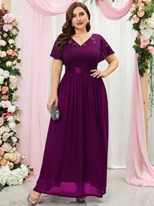 MIUSOL Váy dự tiệc cưới tay bèo ren hoa cỡ lớn tương phản, váy dạ hội, váy dự tiệc cưới, váy dạ hội - Màu Tím - Xem 3