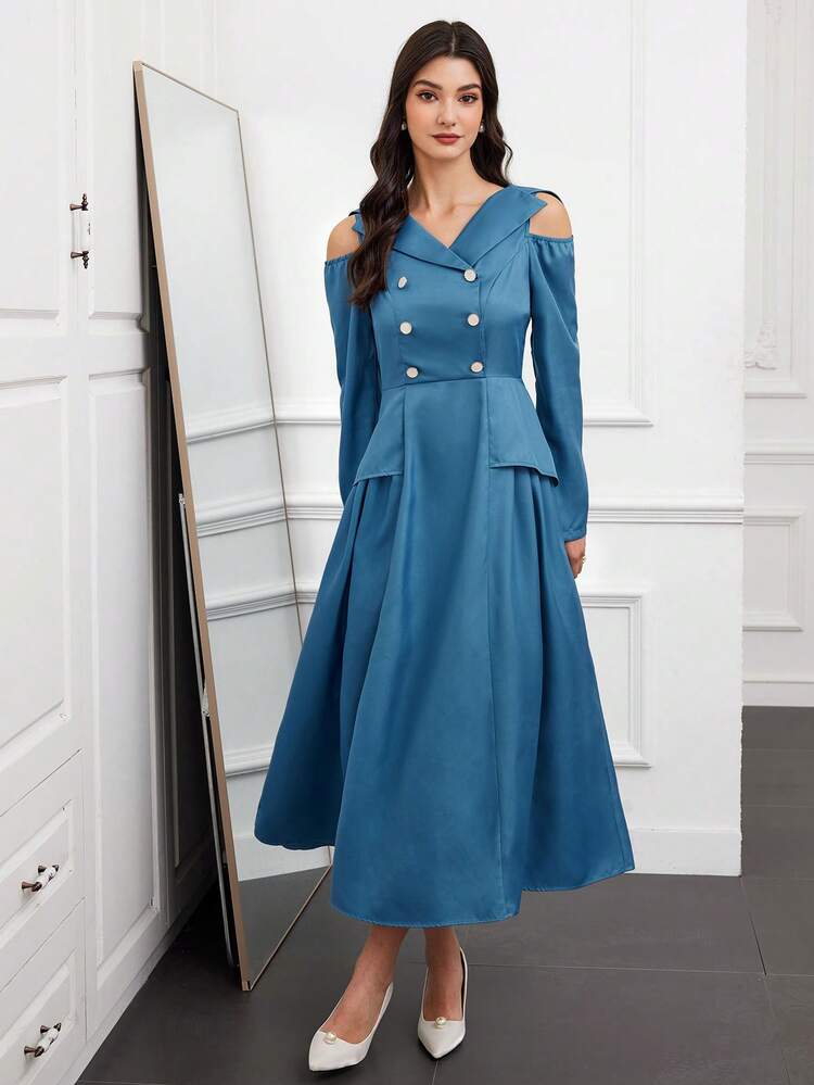Ladies' Hollow Out Shoulder Double Breasted Shirt Dress