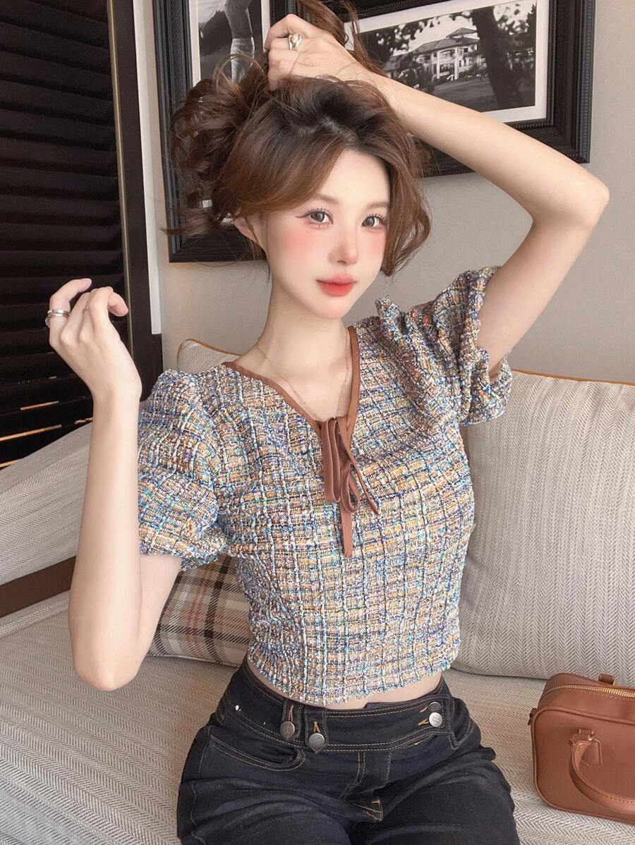 DAZY 女性格紋短袖襯衫 - 彩色 - 查看 1