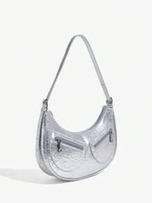 SHEIN ICON Women's Stylish Silver High-End Shoulder Bag With Front Zipper Pockets, Underarm Bag - Silver - View 3