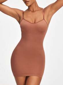 SHAPORA Quý cô Màu thuần Không tay Váy bodycon - Rỉ Nâu - Xem 4