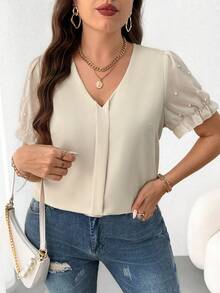 SHEIN Franclia Kích thước lớn Của phụ nữ Thanh lịch Ống tay áo Ngọc trai Giả Áo sơ mi - Màu be - Xem 2